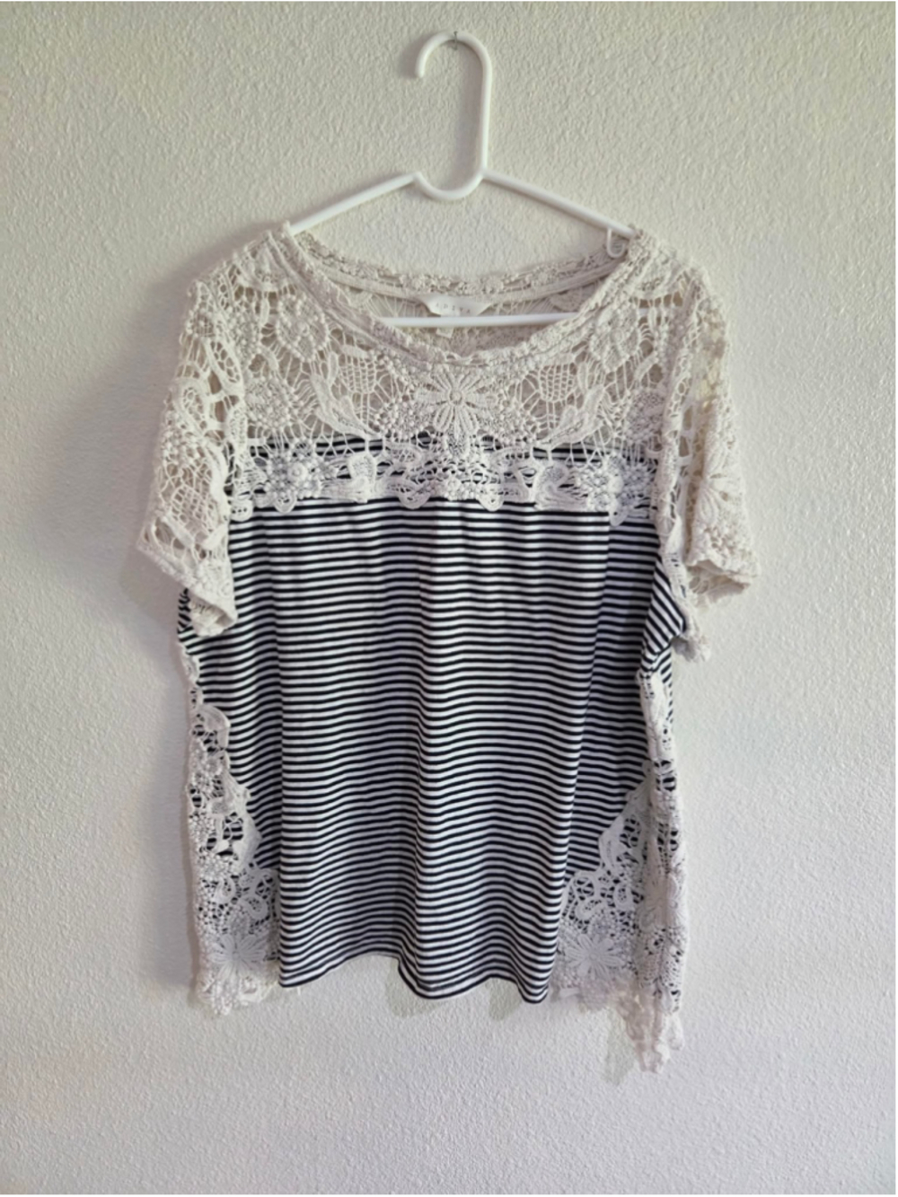 Adiva Black & White Striped Lace Overlay Top 1X